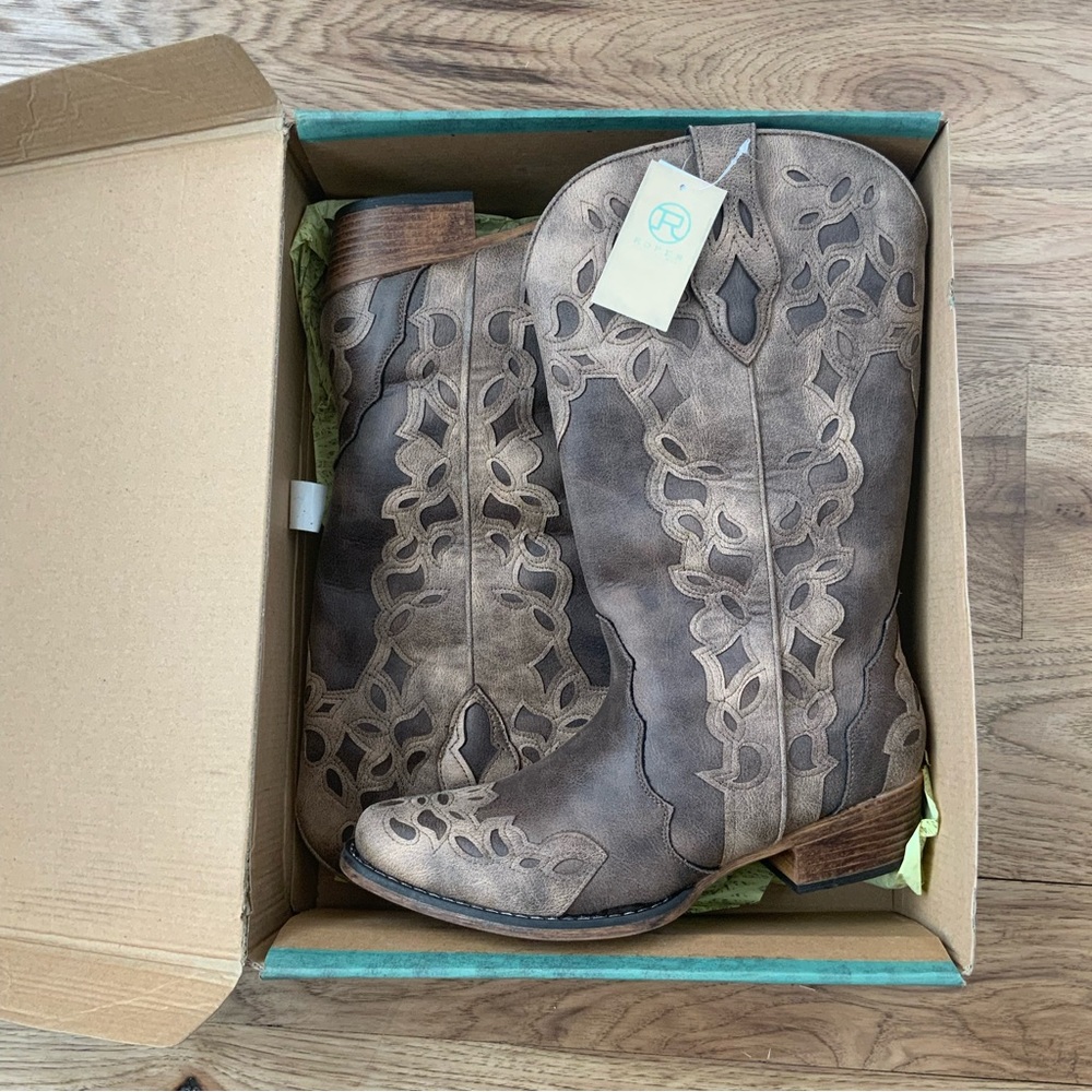 Roper Faux Leather Riley Triad Cowboy Boots Vintage Brown Multi Sizes NIB - Picture 10 of 14